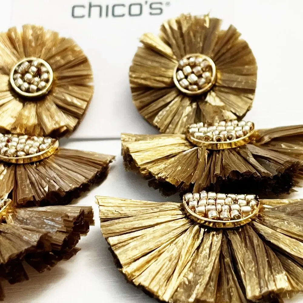 NEW Chico's Gold Raffia Tiered Earrings No Droop